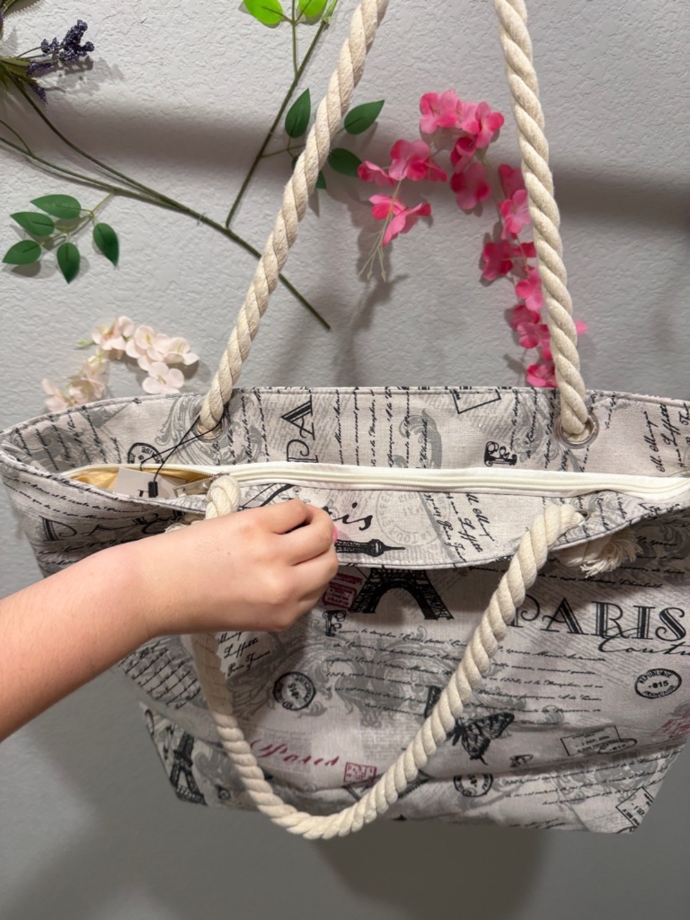 Paris Print Rope-Handle Tote Bag - Cream Beige - Picture 2 of 3